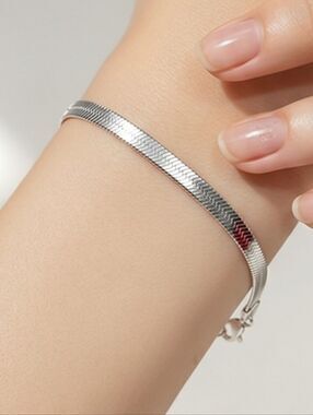 Silver Herringbone Chain Bracelet Stainless Steel Adjustable Minimalist Layering